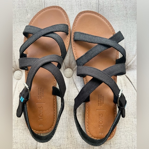 TOMS Sicily Black Canvas Denim Sandals Size (9W) - Picture 1 of 5